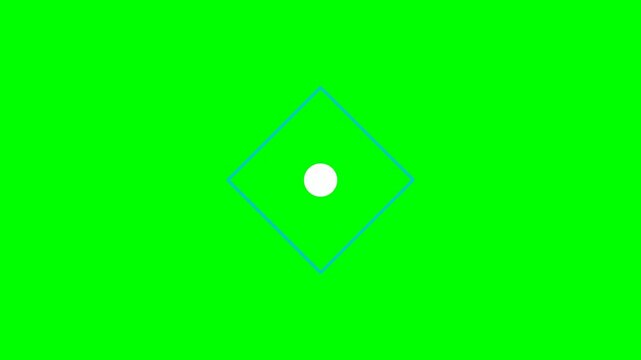 A minimalist abstract design featuring a bright white circle at the center of a cyan diamond shape against a vibrant green background.