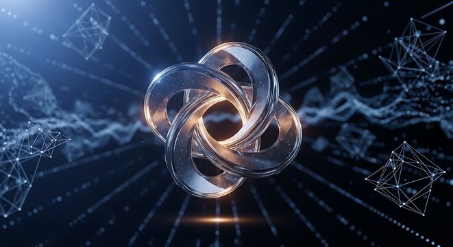Metallic torus knot abstract shape with digital data network background