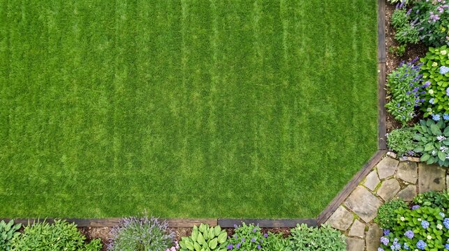 Aerial view of a wellmanicured green lawn with garden border and stone pathway