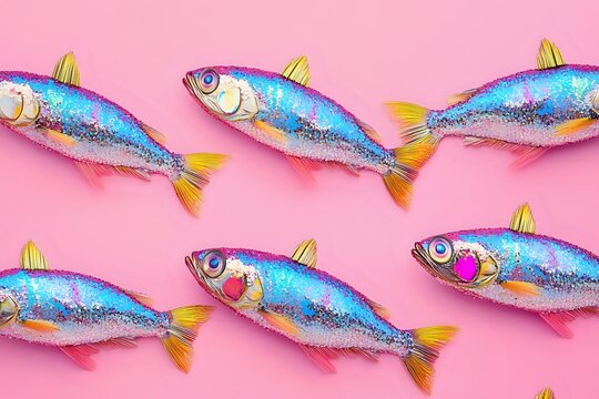 Colorful Glitter Fish with Iridescent Scales and Golden Fins Arranged on Pink Background Isolated Design Creative Art