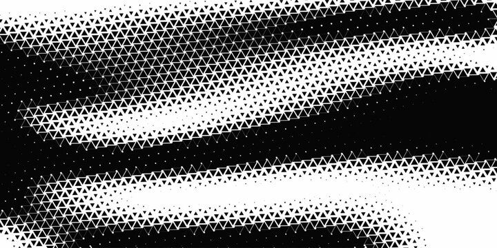 Fading triangle halftone texture gradient pattern. Abstract diagonal geometric background. Tech mosaic triangular halfton gradation. Vector vanishing corner arrow wallpaper for banner, booklet, poster