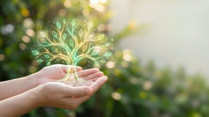 Fototapeta premium Hands holding glowing tree with golden light, symbolizing growth, sustainability, and environmental care for eco-friendly business concepts.