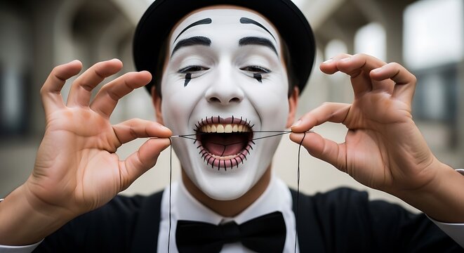 Mime artist with stitched mouth performance art in a city street