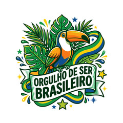 Obraz premium Toucan with Brazilian flag colors and tropical leaves