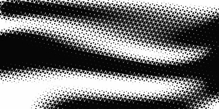 Fading triangle halftone texture gradient pattern. Abstract diagonal geometric background. Tech mosaic triangular halfton gradation. Vector vanishing corner arrow wallpaper for banner, booklet, poster