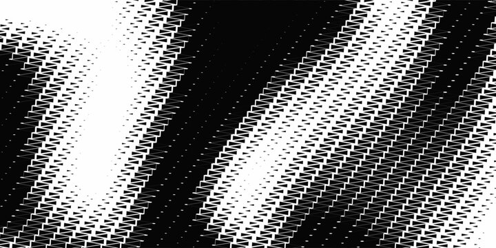 Fading triangle halftone texture gradient pattern. Abstract diagonal geometric background. Tech mosaic triangular halfton gradation. Vector vanishing corner arrow wallpaper for banner, booklet, poster