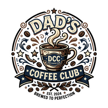 Dad's Coffee Club emblem with steaming cup and coffee beans