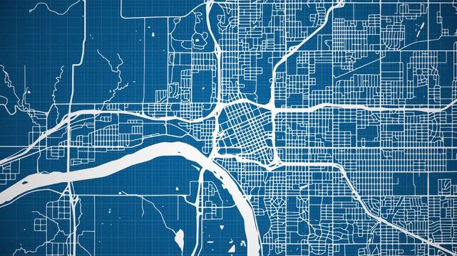 Ink reveal animation of Tulsa city, Oklahoma (OK), United States of America, grid map. Aerial top view. Blueprint style. White lines with blue background. 4K Seamless loop.