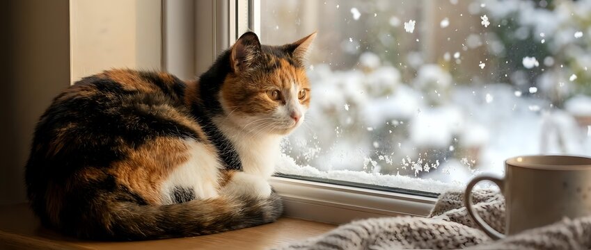 Tabby and White Cat Sitting on Windowsill Looking Outside at Snowy Winter Weather Cozy Home Interior Pet Lifestyle