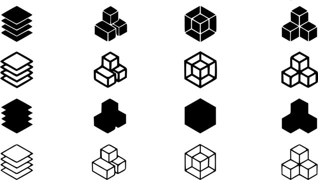 Set of black 3D cube and hexagon icon variations including stacked box and wireframe shapes for logo design