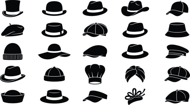 Collection of mens and womens hat silhouettes vector illustration set containing fedora top hat cap beanie and bowler