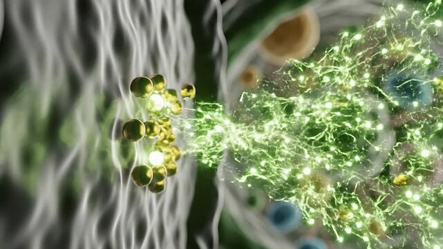 Intricate CGI Render Of Molecular Signal Transduction Featuring Golden Signaling Molecules In A Rich Cellular Environment Enhanced By Illuminated Dynamics