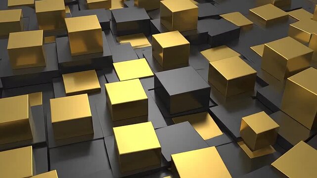 Abstract background featuring many metallic gold and dark cubes