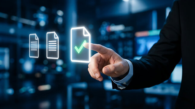 A businessman interacts with virtual documents and a green checkmark icon projected in a futuristic technology environment.