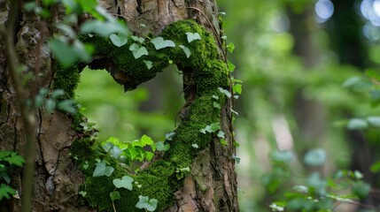 Fototapeta premium Heart-Shaped Moss and Ivy Lush Tree Symbolizing Nature's Love and Harmony in a Forest Setting