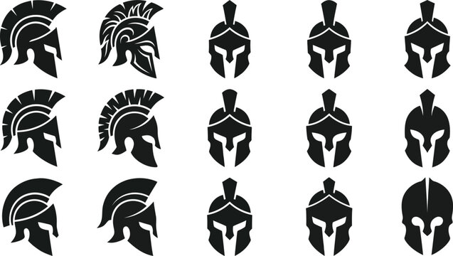 Set of black spartan warrior helmet icons and gladiator headgear designs isolated on a white background