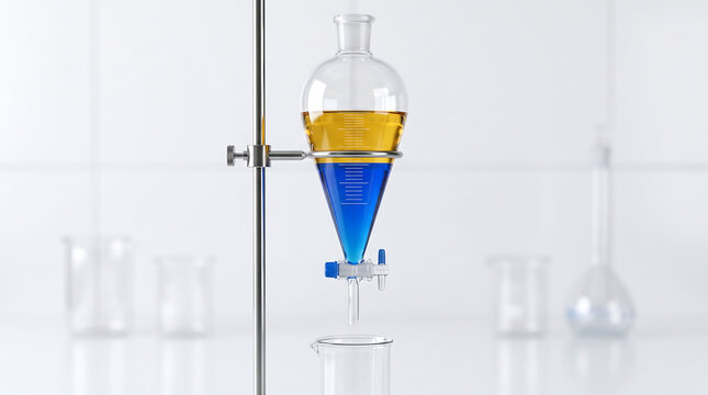 Scientist separating liquids in a laboratory setting using a glass funnel