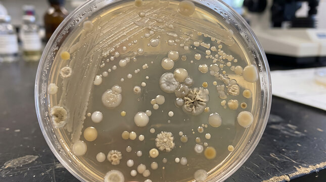 Microbiologist Examines Petri Dish Containing Various Bacterial Colonies on Laboratory Countertop