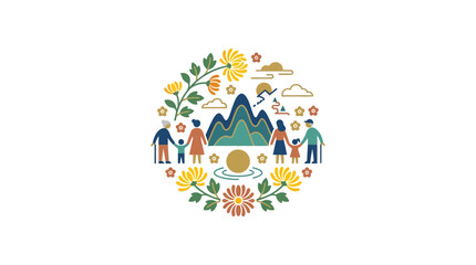 Obraz premium Colorful Family and Nature Emblem with Mountains and Flowers