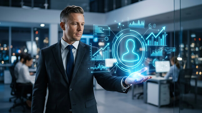 Businessman interacting with a glowing human figure outline and data visualizations