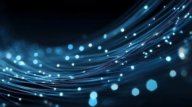 Fiber optic cables with glowing blue data points. High speed internet and telecommunications technology.