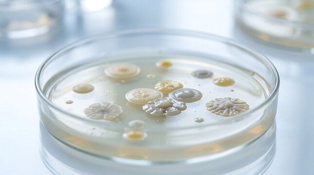 Microbiologist studying various colonies growing on agar plate in laboratory setting with fungi and bacteria