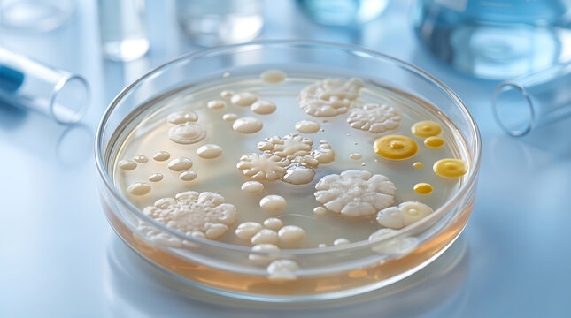 Microbiologist examining various bacterial colonies in a petri dish on a lab table with equipment.