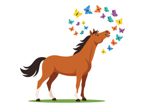 Cartoon illustration of a brown horse neighing with colorful butterflies flying around its head.