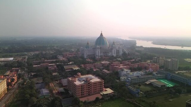 Aerial view of the Vedic Planetarium and the Ganga River in Mayapur.