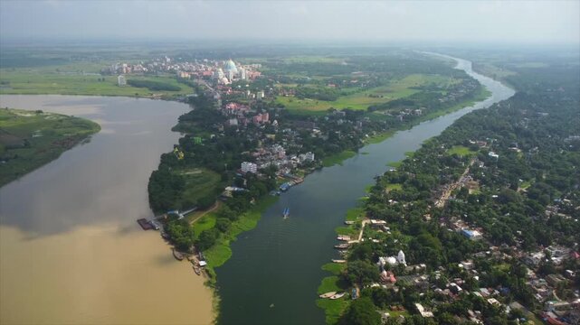 Aerial view of the confluence of the Ganges and Jalanga rivers