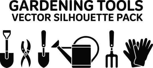 Gardening tools vector silhouette pack featuring shovel shears trowel watering can hand fork and working gloves set (17 words) © Rony