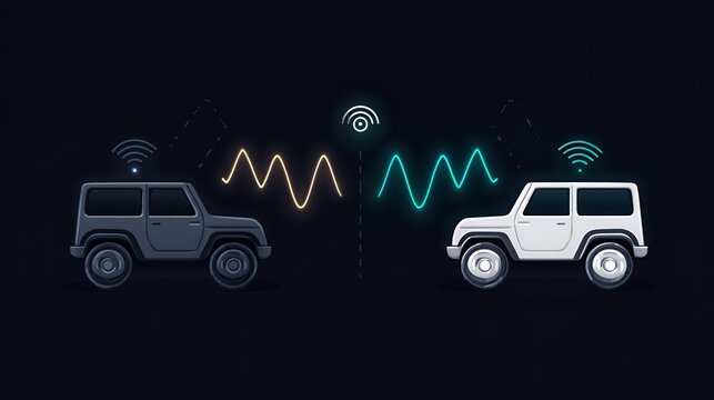 Two stylized modern vehicles communicating via wireless signals for vehicle to vehicle connected car technology industry concepts
