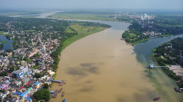 view from above of the Ganga River and the Vedic Planetarium