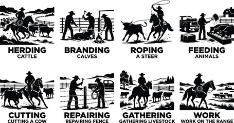 Fototapeta premium Cowboy Ranch Work Silhouette Collection with Cattle Herding Roping Branding and Farm Activities