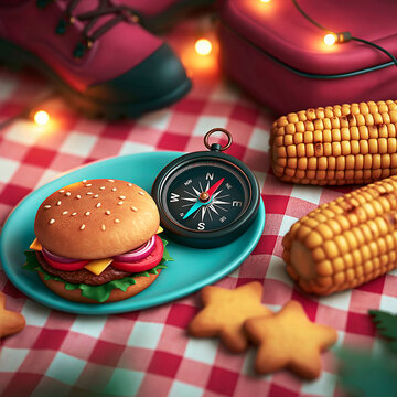 Picnic Food with Compass, Boot and Corn on Checkered Blanket