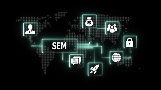 Sem search engine marketing concept with digital map and glowing for online business growth, global strategy, and data analytics animation