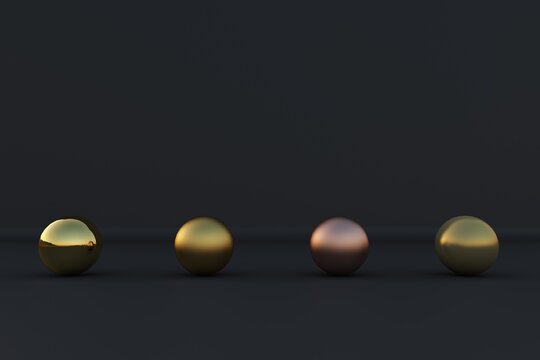 Koleksi render 3D sphere emas solid bergaya minimalis dengan komposisi ruang luas untuk background, banner, dan visual modern