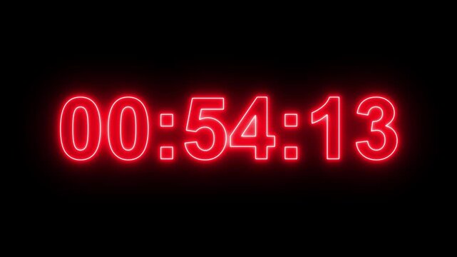 Neon line 60 minute or 1 hour countdown timer animation on black background. Digital Countdown timer one minute animation from 60 to 0 seconds on transparent background. 1 hours countdown timer. 