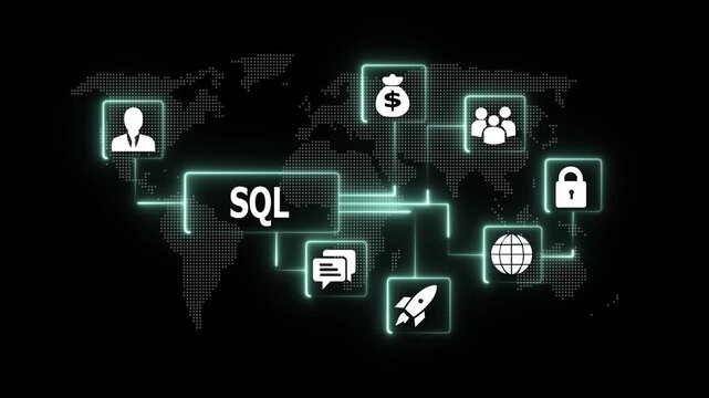 Sql database management system concept, digital network connection with glowing and global data infrastructure on dark background