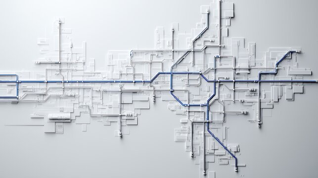 Futuristic White 3D Circuit Board with Glowing Blue Lines Representing Data Flow Technology and Computer Architecture Background
