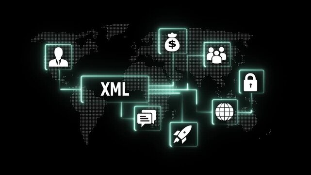Xml data network concept, digital global communication and technology infographic animation with glowing and map background