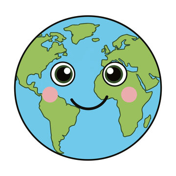 Anthropomorphic earth globe character with a friendly smile and expressive eyes isolated on white background, cute mascot design concept