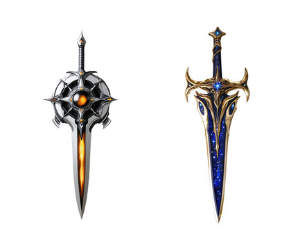 Fantasy sword with fiery core and silver design, elegant blue and gold sword with starry pattern