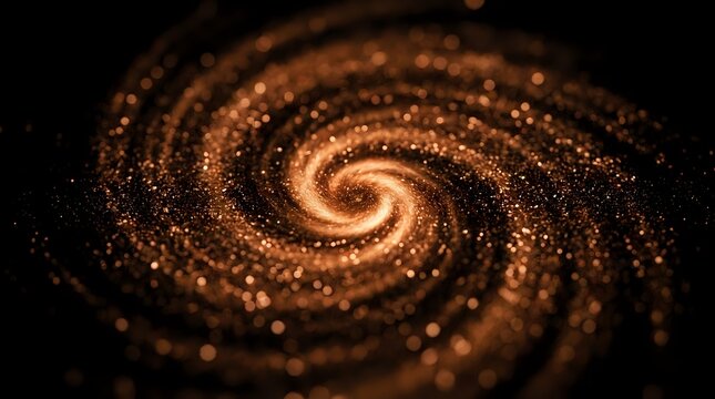 Golden spiral particles swirling in a mesmerizing vortex against dark background, creating an abstract motion effect suitable for backgrounds and visual effects.