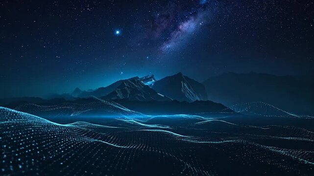 A digital landscape with glowing data waves under starry skies