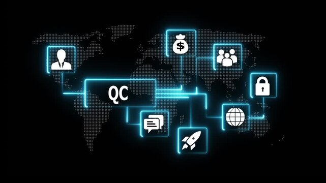 Digital control concept with glowing network and global business connectivity on dark background, digital network