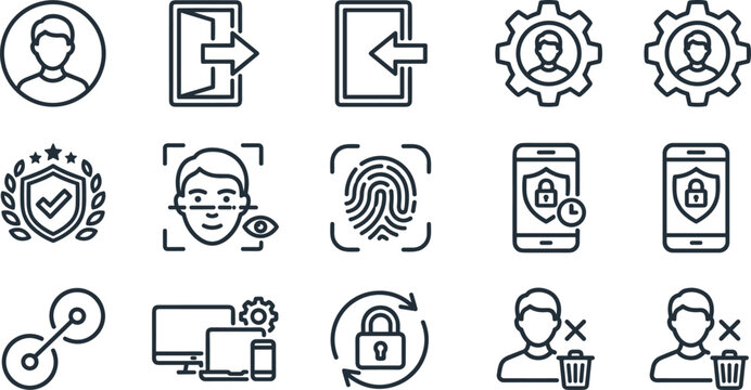 User account management and authentication line icon set featuring biometric login data security and profile deletion for website UI design