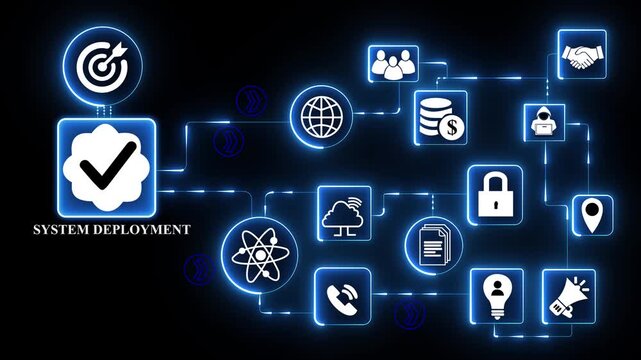 System deployment technology icons network with server cloud release icon illustrating software delivery integration and application launch process interface motion,4k digital animation video..