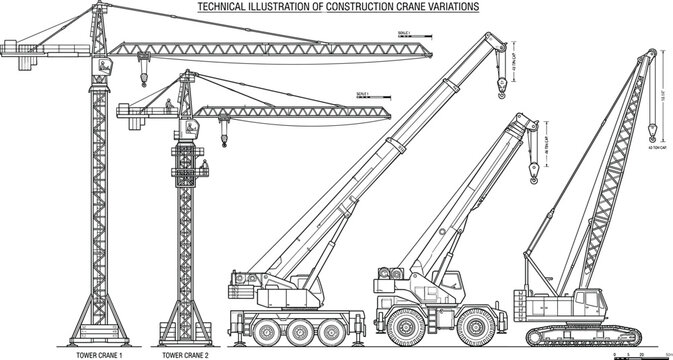 Technical line art vector illustration set of construction crane variations including tower mobile crawler and hydraulic heavy machinery