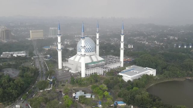 Cinematic Drone Fly Toward Sultan Salahuddin Abdul Aziz Mosque (Blue Mosque), Shah Alam, Malaysia, 4K